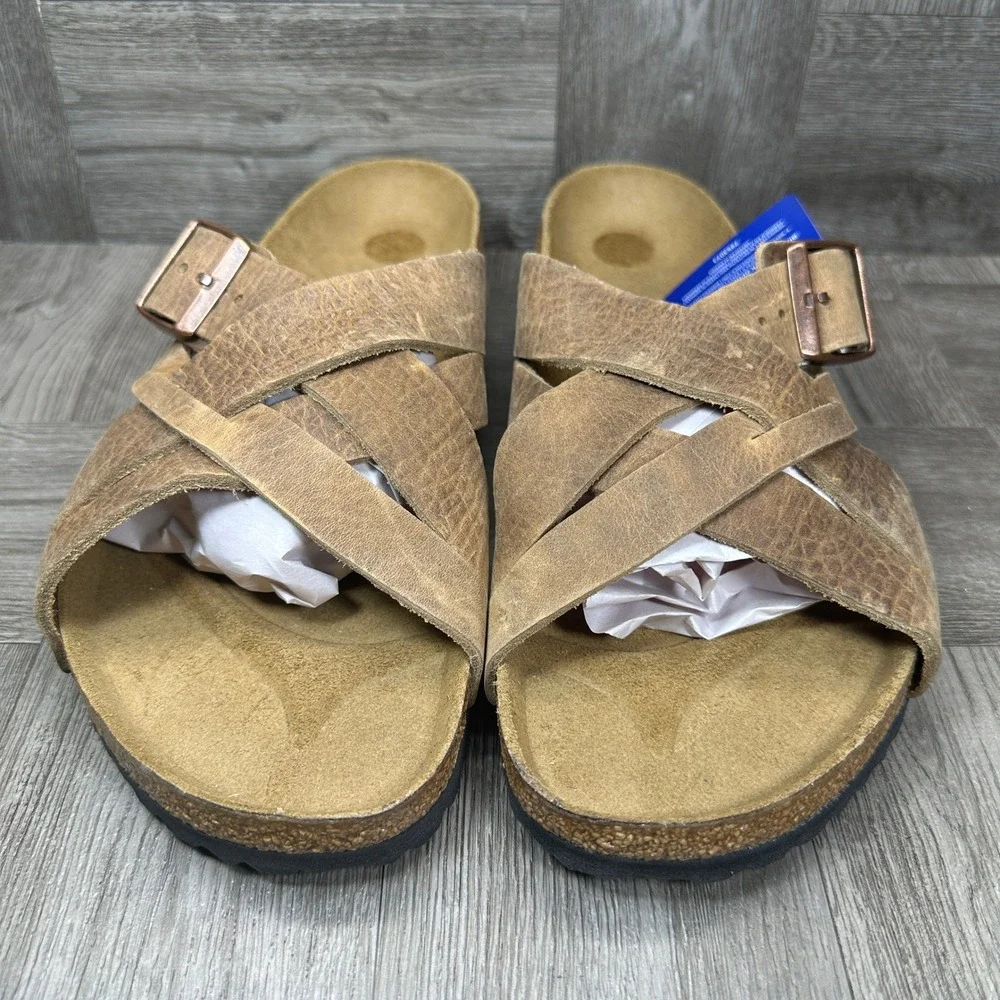 Birkenstock Lugano Sandals Mens 11 Tobacco Brown Oiled Leather Cross Strap NEW